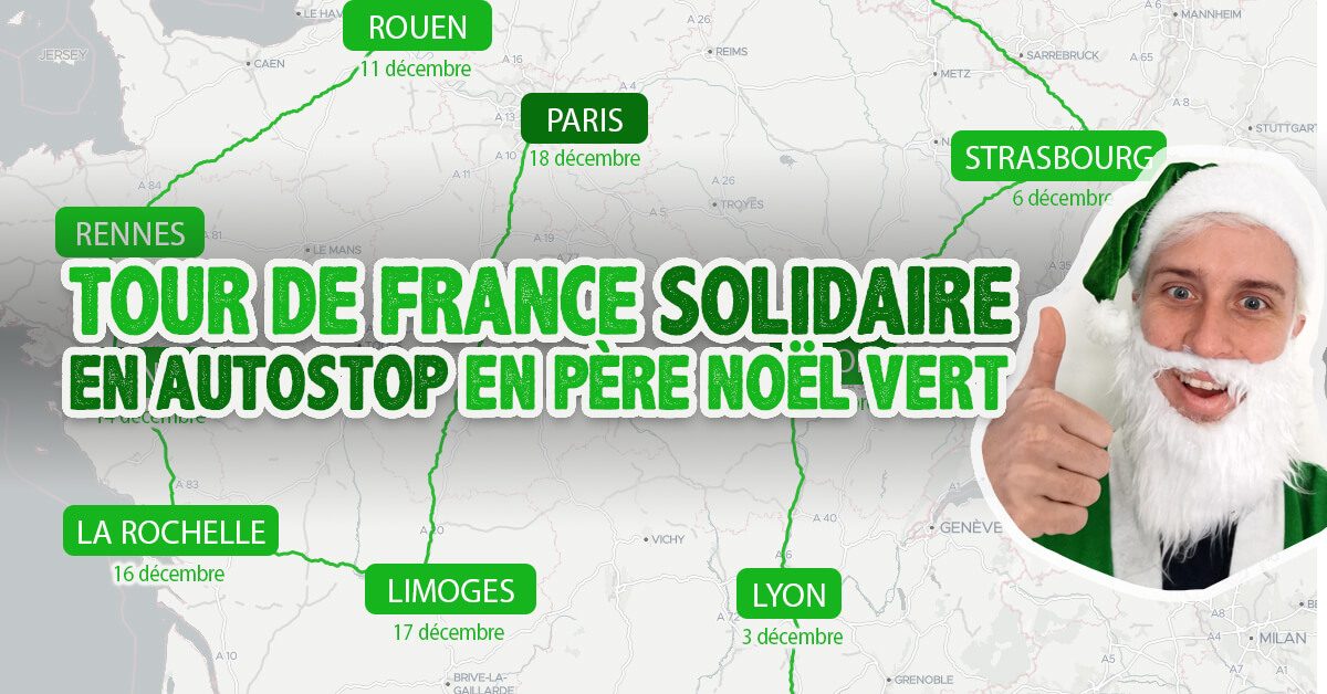 Tour de France solidaire en autostop en père noël vert