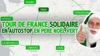 Tour de France solidaire en autostop en père noël vert